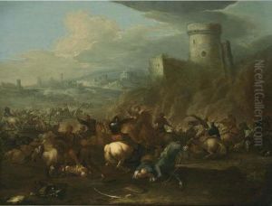 A Cavalry Battle Scene Between
Turkish And Christian Troops, With A View Of A Town Beyond by Georg Philipp Rugendas I