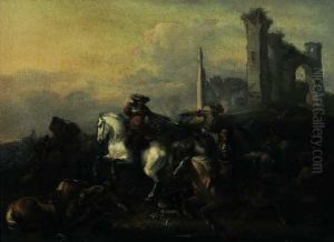 Scena Di Battaglia Con Rudere Sullo Sfondo Scena Di Battaglia Con Rudere Sullo Sfondo