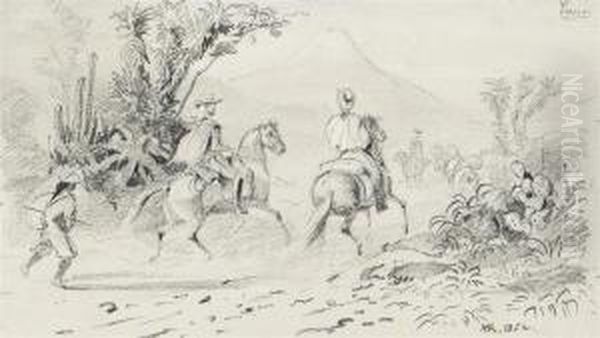 A Peruvian Landscape: Two Men On
Horseback Following A Dusty Track,a Volcano In The Background - view 1