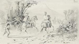 A Peruvian Landscape: Two Men On
 Horseback Following A Dusty Track,a Volcano In The Background