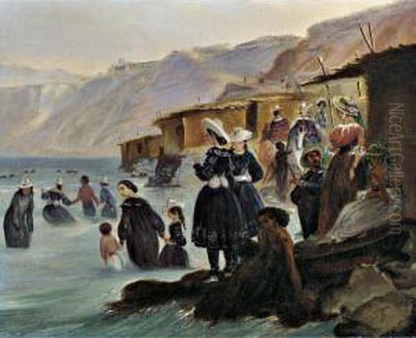 Los Banos De Miraflores, Banistas Y Cabanas En La Playa De Chorillos, Lima - view 1
