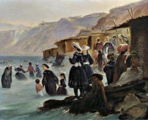 Los Banos De Miraflores, Banistas Y Cabanas En La Playa De Chorillos, Lima