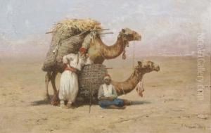 Two Arabs Resting With Their Camels by Pasquale Ruggiero