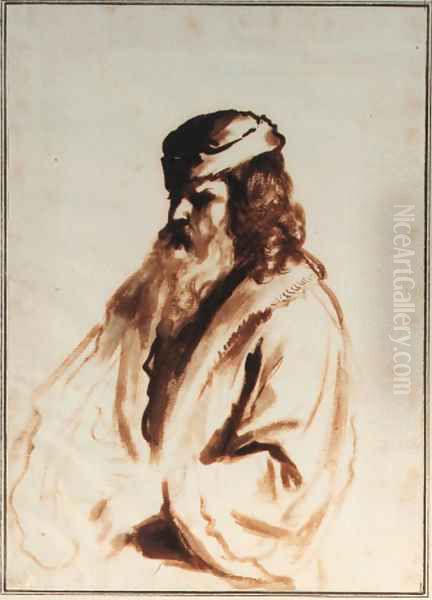 A bearded figure wearing a turban and fur coat, half length, turned to to the right - view 1