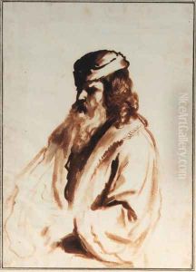 A bearded figure wearing a turban and fur coat, half length, turned to to the right