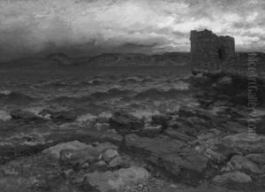 J. F. "felsige Kustenlandschaft Mit Wehrturm". Sign. Ol Auf Lwd. 41,5 X 55 Cm. Rahmen by Ludwig Fried. Julius Runge