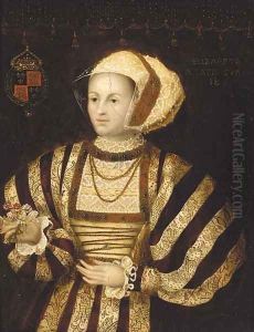 Portrait of a lady, small three-quarter-length, in a red and cream dress by Hans Eworth