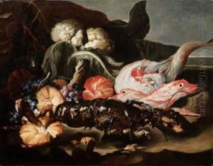 Natura Morta Con Pesci, Crostacei, Funghi, Cavolfiori E Uva In Un Paesaggio