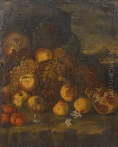 Pomegranates, Apples, Grapes And Figs On A Stone Ledge In A Landscape