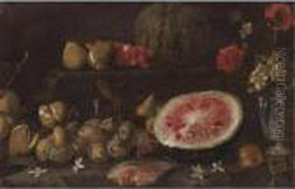 Still Life With Plums, Passionfruit, Cherries, Watermelon And A Vase Of Flowers - view 1