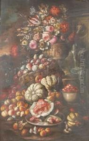 Narura Morta Con Vaso Di
Fiori, Frutta E Fontana - view 1