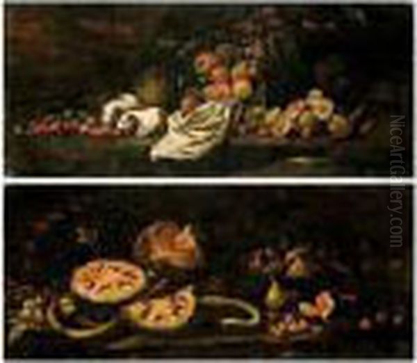A Still Life Of Water-melons, Plums, Cherries, A Basket Of Figs, Pears And A Monkey - view 1