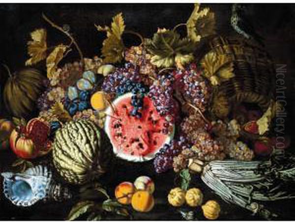 A Still Life Of Grapes, Plums,
Watermelons, Peaches, Lemons, A Cardoon, An Open Pomegranate, Together
With A Shell, A Snail And Other Objects by Giovanni Battista Ruoppolo