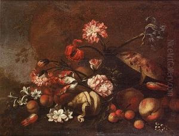 Peaches, A Melon, A Lemon And
Other Fruit With Tulips, An Iris, Chyrsanthemums And Other Flowers In A
Landscape; And Peaches With Narcissi, Tulips, Chrysanthemums And Other
Flowers In A Landscape - view 1