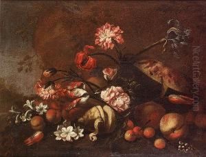 Peaches, A Melon, A Lemon And
Other Fruit With Tulips, An Iris, Chyrsanthemums And Other Flowers In A
Landscape; And Peaches With Narcissi, Tulips, Chrysanthemums And Other
Flowers In A Landscape by Giovanni Battista Ruoppolo