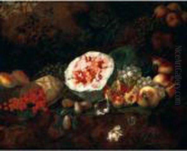 Still Life Of A Watermelon,
Pomegranates, Grapes, Wild Strawberries, Apples And Plums In A Landscape - view 1