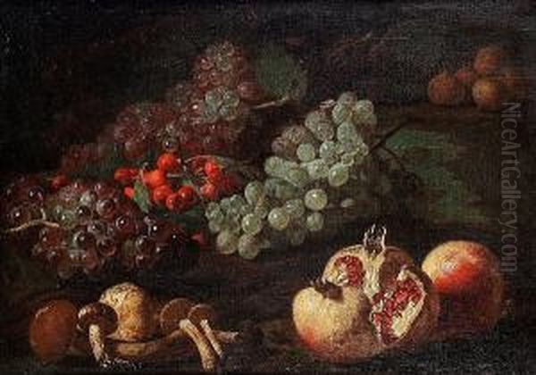 Mushrooms, Pomegranates, Grapes, Cherries And Figs On A Stone Ledge - view 1