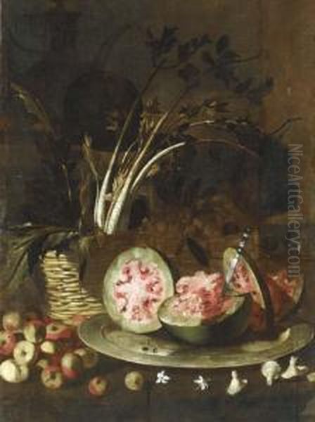 Celery In A Basket, A Sliced Watermelon On A Silver Plate, With Apples All On A Ledge - view 1