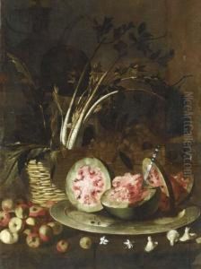 Celery In A Basket, A Sliced Watermelon On A Silver Plate, With Apples All On A Ledge