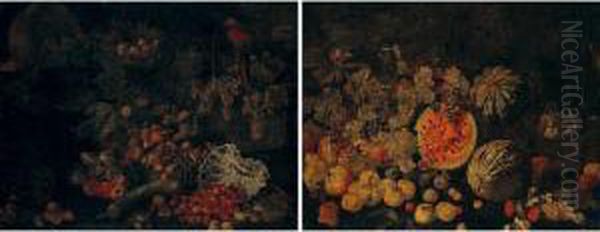 A Still Life With Fruits,
Including Apples, Cherries, Figs, Marrow And Grapes In And Around Wicker
Baskets Together With A Mackaw, A Blue-and-white Porcelain Dish And A
Tortoise - view 1