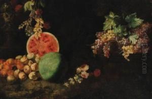 Melons, Peaches, Apples And Grapes With Flowers And Barrel Withgrapes In A Landscape by Giovanni Battista Ruoppolo