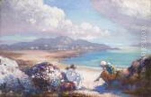 "ae" Young Girls Sitting Upon 
Rocks With A Harbour And Headlands In The Distance Signed In Monogram 
Lower Left Oil On Canvas 53 By 81cm., 21 By 32in