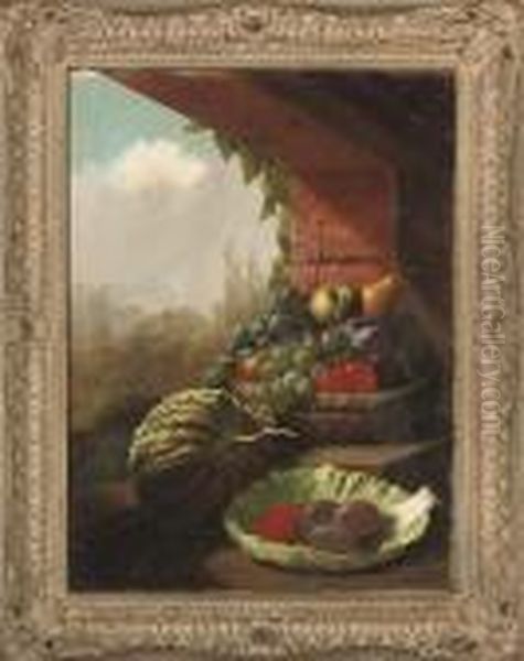 Assorted Fruit By A Window, A Landscape Beyond - view 1