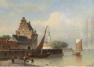 Fisherfolk On A Riverbank By A Town