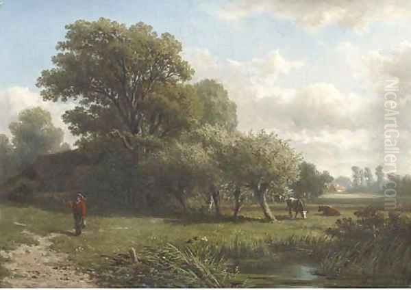 A traveller in a wooded summer landscape - view 1