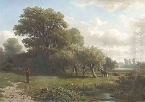 A traveller in a wooded summer landscape