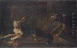 Hounds Fighting Over A Wounded Cockerel by Carl Borromaus Andreas Ruthart