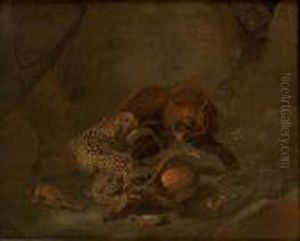 A Leopard With A Dead Deer And A Bear In A Rocky Landscape, Another Leopard Looking On by Carl Borromaus Andreas Ruthart