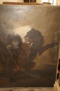 Unframed Oil On Canvas Two Lions 55 X 41in by Carl Borromaus Andreas Ruthart