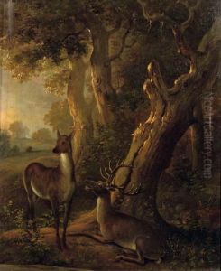 A Deer And A Stag In A Wooded Landscape by Carl Borromaus Andreas Ruthart