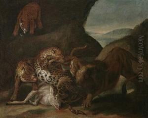 Kampfende Raubkatzen Um Einen Hirsch by Carl Borromaus Andreas Ruthart
