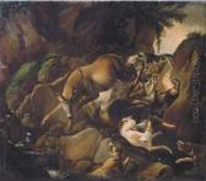 Hounds Attacking Two Deer In A Rocky River Landscape by Carl Borromaus Andreas Ruthart