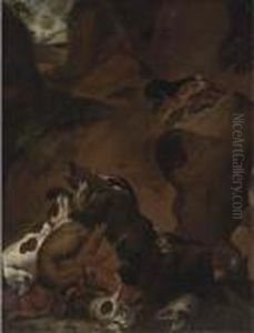 A Mountain Track With Dogs Attacking Bears