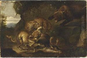 A Bear Attacking Leopards, A Deer Lying On The Woodland Soil by Carl Borromaus Andreas Ruthart