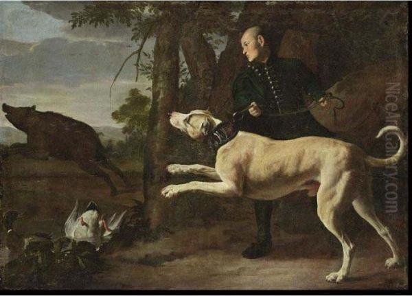 A Huntsman With His Hound
Chasing A Boar In A Wooded Landscape, Ducks In A Pond In The Foreground - view 1