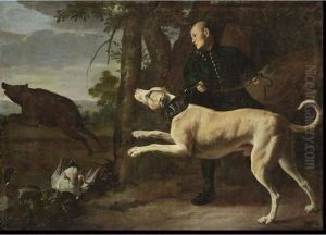 A Huntsman With His Hound
Chasing A Boar In A Wooded Landscape, Ducks In A Pond In The Foreground by Carl Borromaus Andreas Ruthart