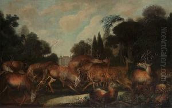 A Wooded Landscape With Stags And Hinds By A Stream, A
In The Distance - view 1