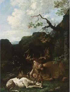 An Elk, An Albino Stag And A
Deer Resting Under A Tree In A Mountainous Wooded Landscape Near A
Waterfall by Carl Borromaus Andreas Ruthart