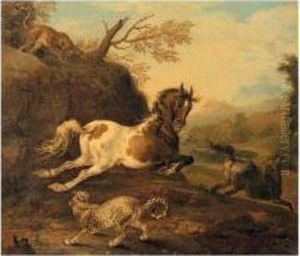 A Mountainous Landscape With A Tiger And Leopard Attacking Wild Horses by Carl Borromaus Andreas Ruthart
