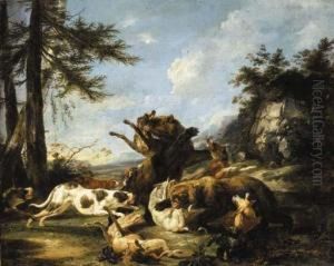 Bears And Hounds Fighting In A Landscape