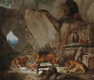A Lion And A Tiger Fighting Over
 A Fallen Stag Before A Classical Sarcophagus In A Cave, A Landscape 
With A Pyramid Beyond