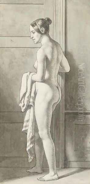 Florentine, nude, standing by a door holding a length of cloth - view 1