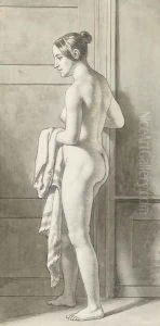 Florentine, nude, standing by a door holding a length of cloth