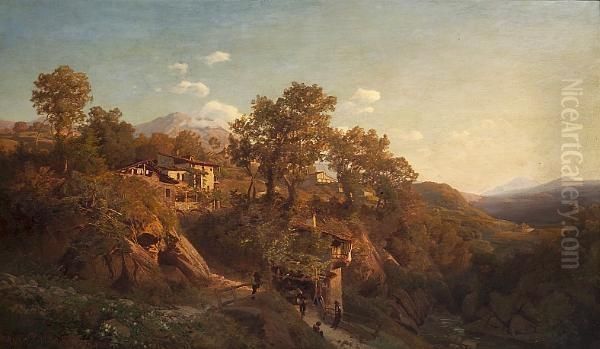 An Italianate Landscape With A Group Of Figures Outside A House In The Foreground - view 1