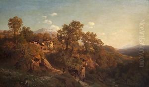 An Italianate Landscape With A Group Of Figures Outside A House In The Foreground An Italianate Landscape With A Group Of Figures Outside A House In The Foreground
