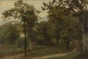 Waldweg Mit Kloster Im Hintergrund Waldweg Mit Kloster Im Hintergrund